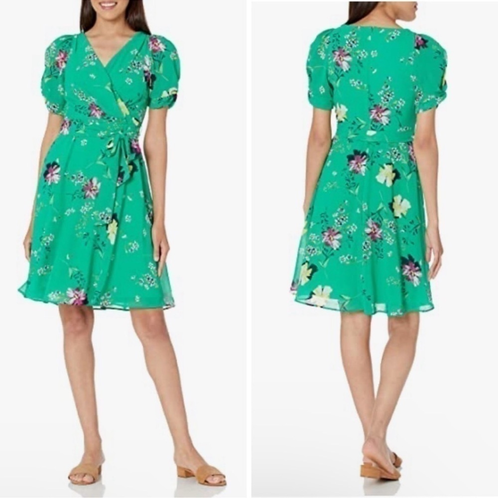 DKNY Green Belted Floral Short Sleeve Dress